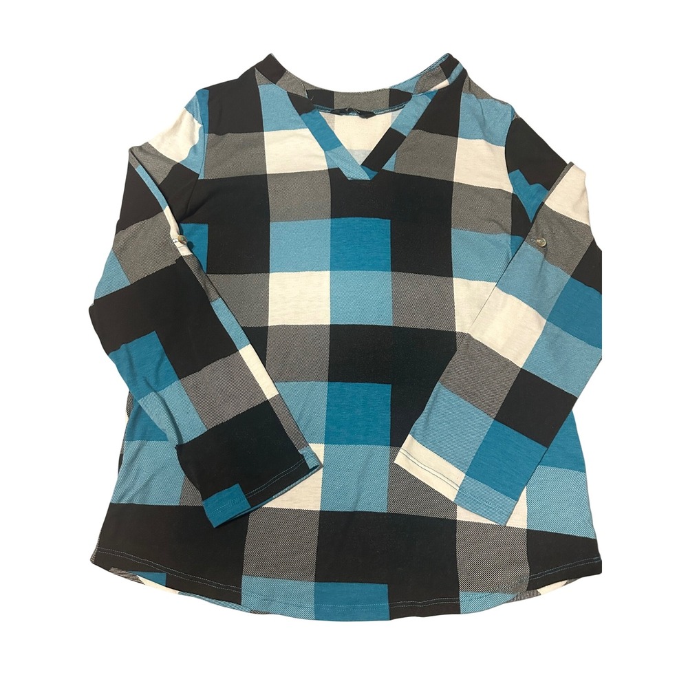 Dokotoo Womens Blue Buffalo Plaid V-Neck Roll Tab Sleeve Tunic Top